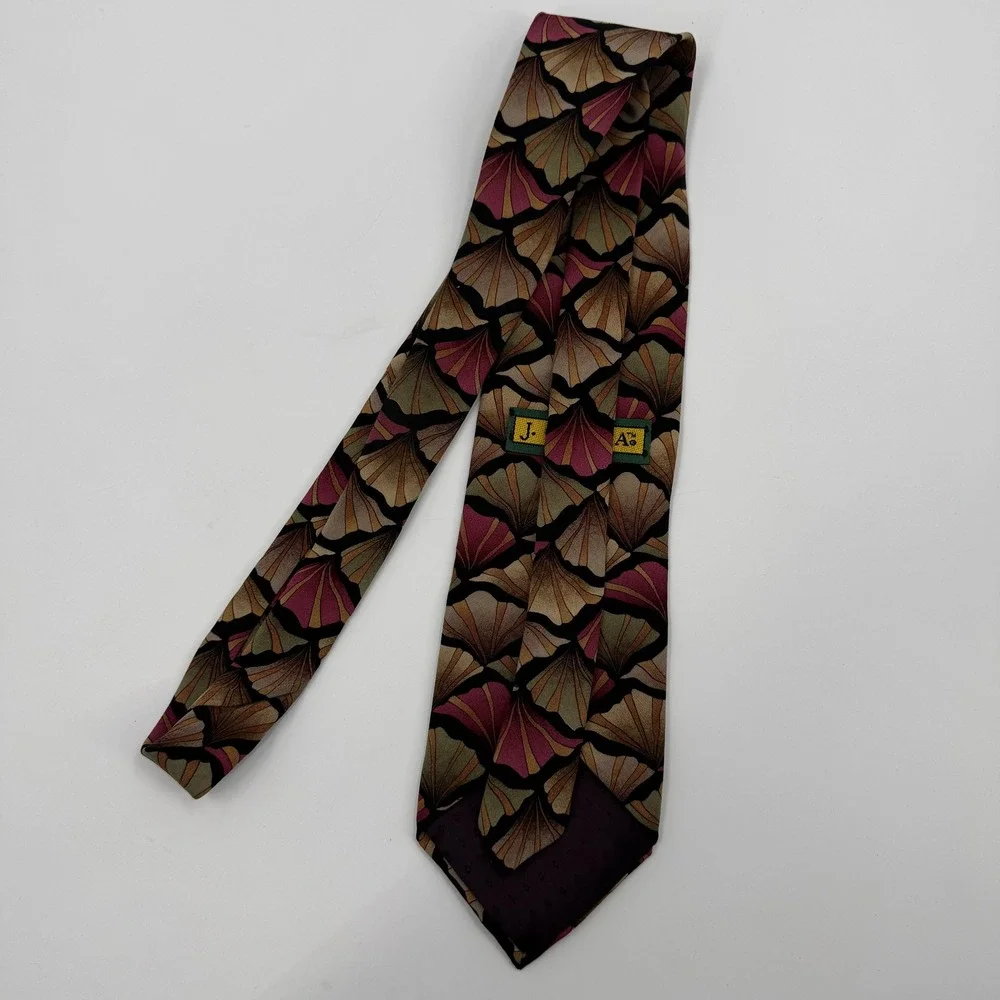 J. Garcia Mens‎ Silk Necktie Abstract Fan Geometric Pattern Burgundy Green Tan